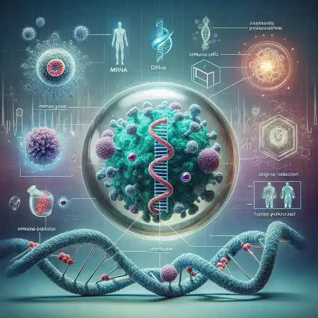 "Diagrama explicativo da tecnologia de vacinas de mRNA, mostrando o processo de entrega de código genético às células e a resposta imunológica gerada, em artigo sobre como funciona a tecnologia por trás das vacinas de mRNA."